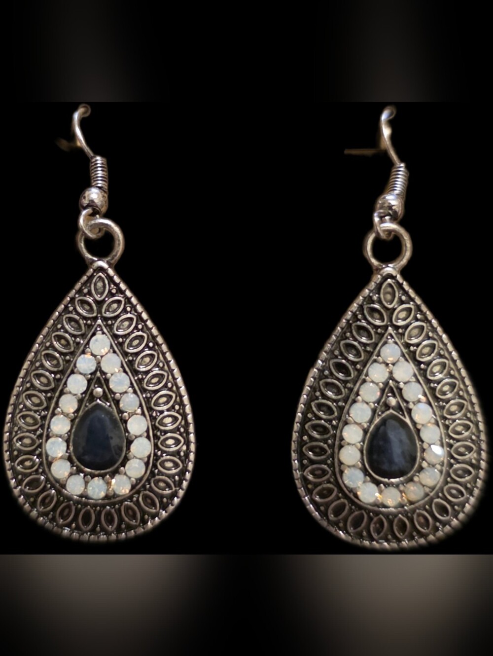 Silver Teardrop Earrings w/Black Center and White Accents